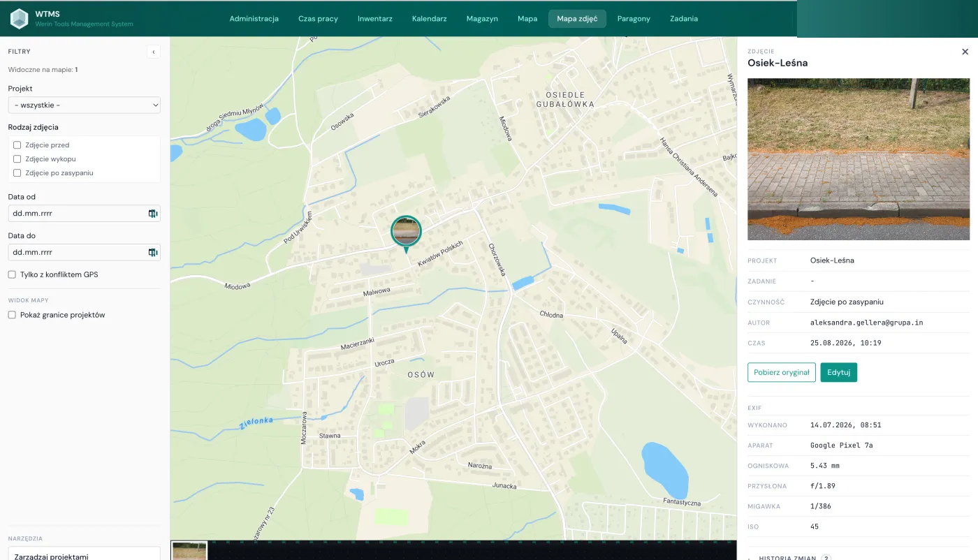 Panel WTMS w przeglądarce: Mapa zdjęć z GPS