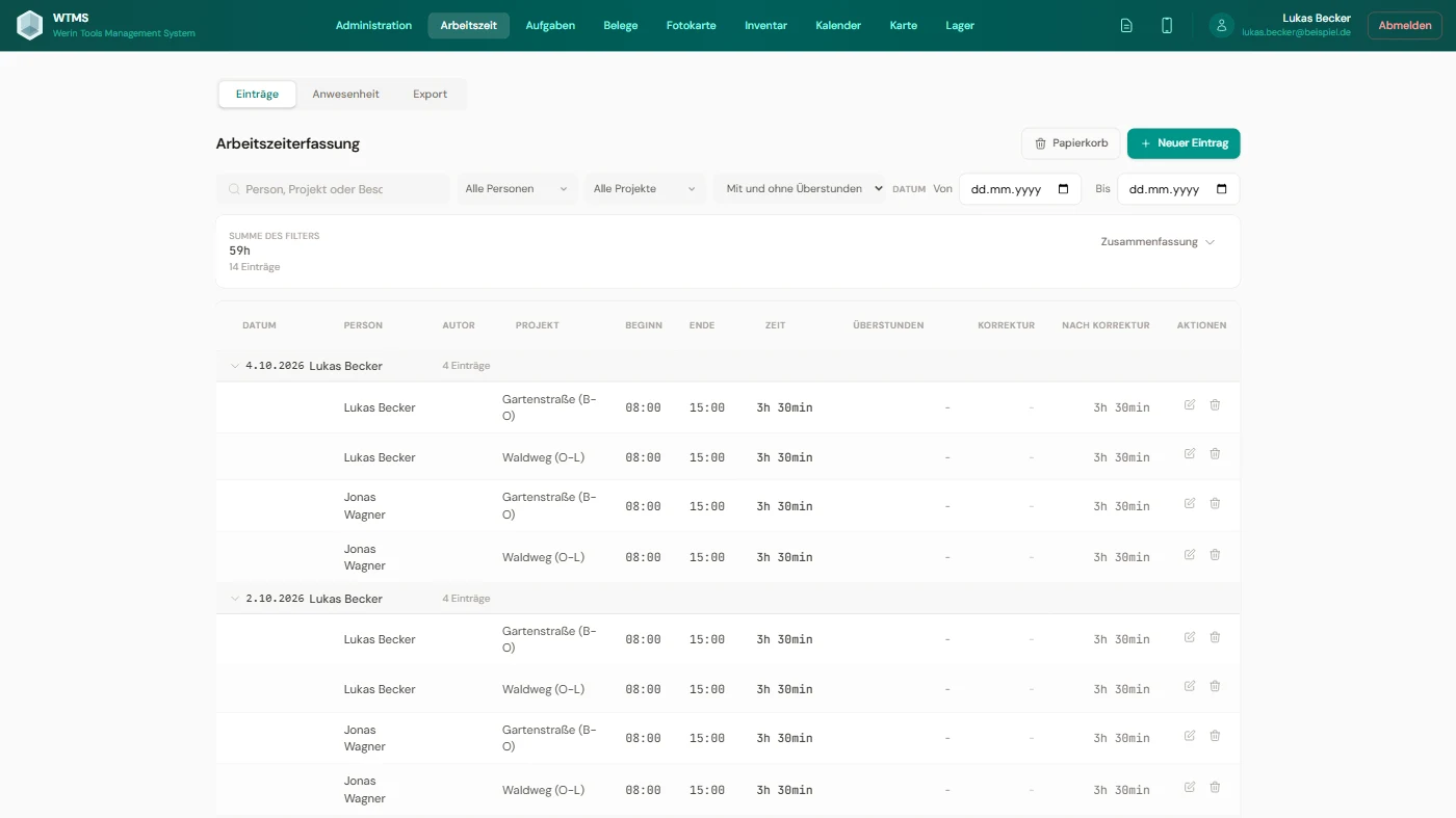 WTMS Panel im Browser: Arbeitszeit und Ausgaben der Kolonnen