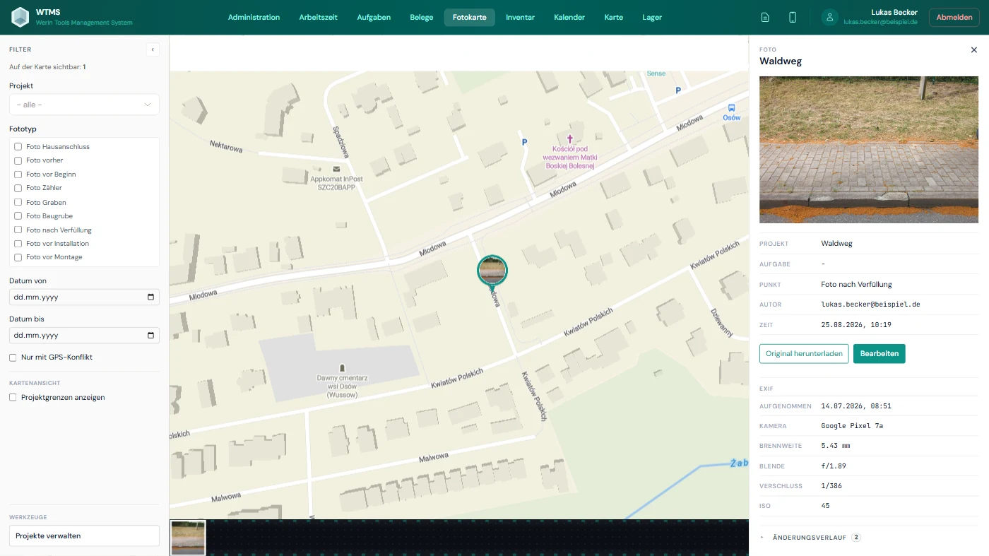 WTMS Panel im Browser: Fotokarte mit GPS