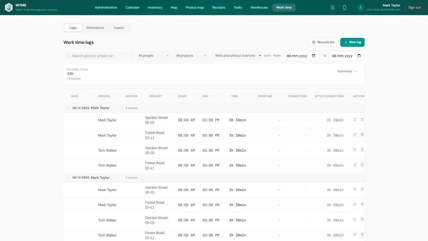 WTMS panel in the browser: Crew time and expenses