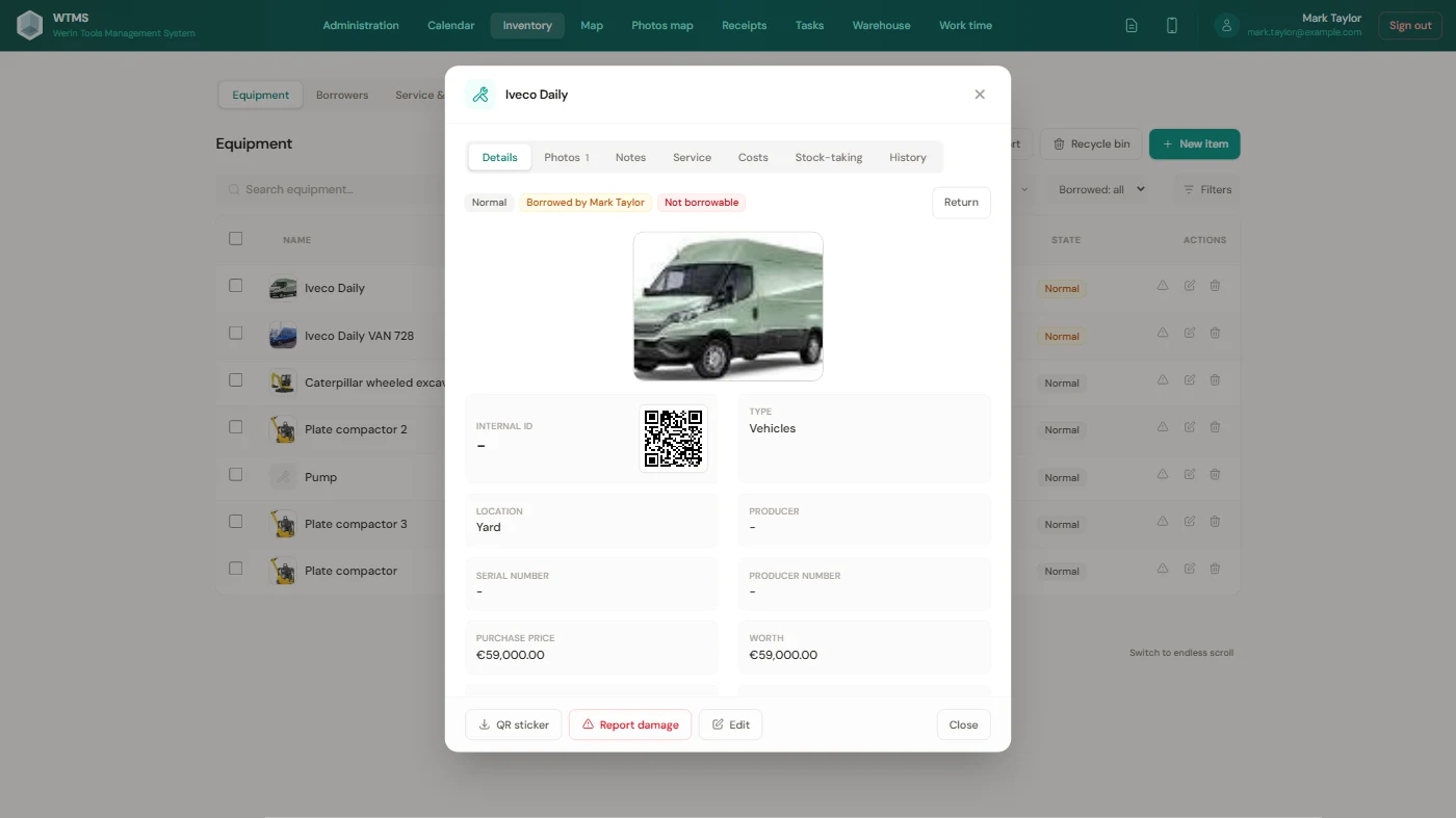 WTMS panel in the browser: Equipment and materials