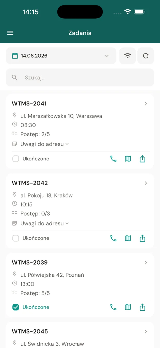 Ekran aplikacji WTMS: Zlecenia ze zdjęciami (1 z 3)