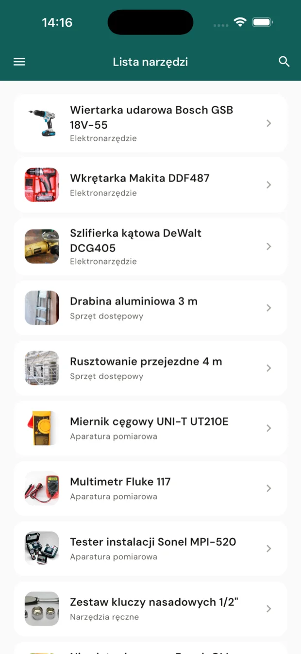 Ekran aplikacji WTMS: Sprzęt i materiały (1 z 4)