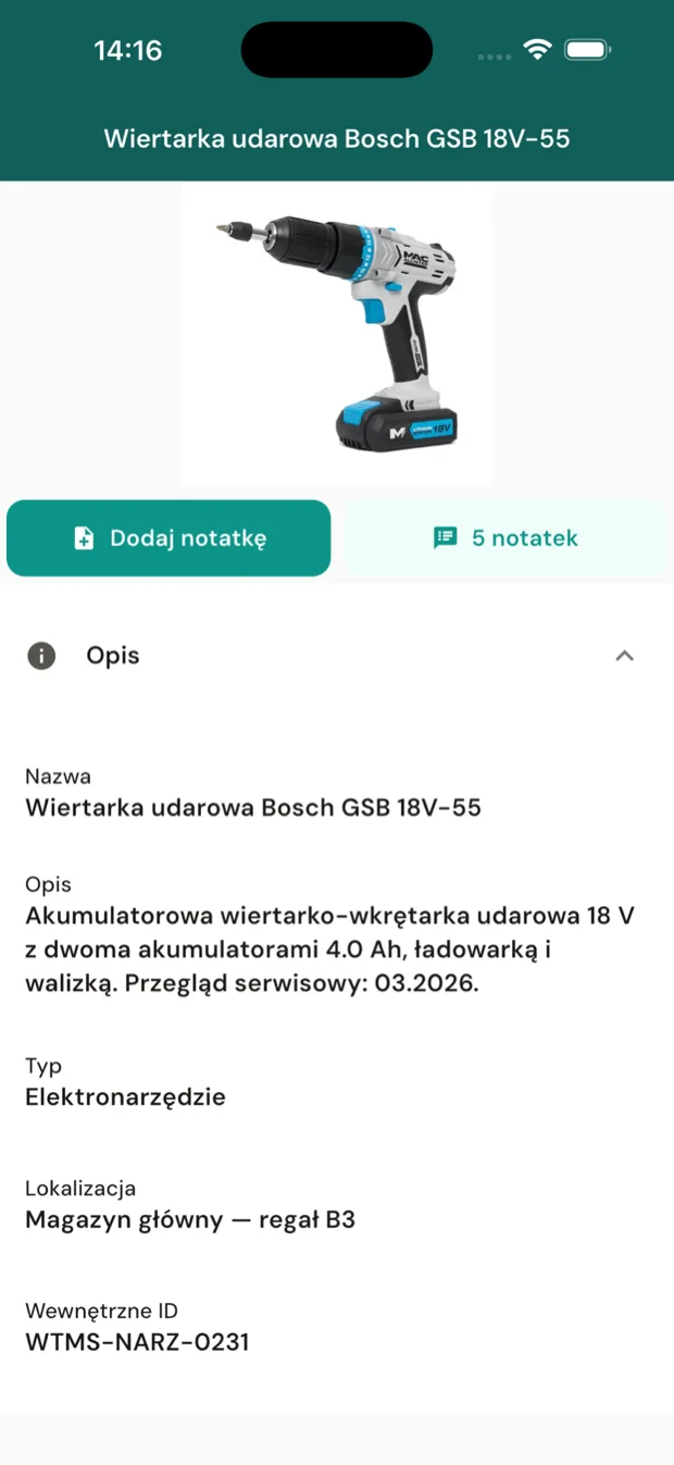 Ekran aplikacji WTMS: Sprzęt i materiały (2 z 4)