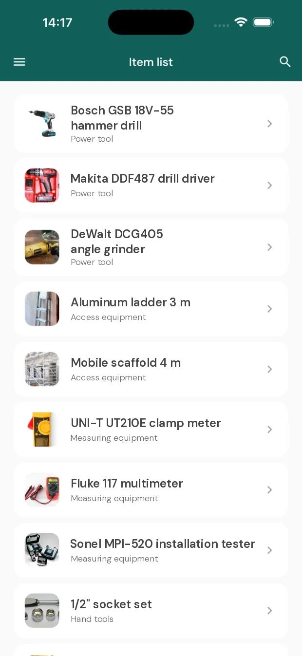 WTMS app screen: Equipment and materials (1 of 4)