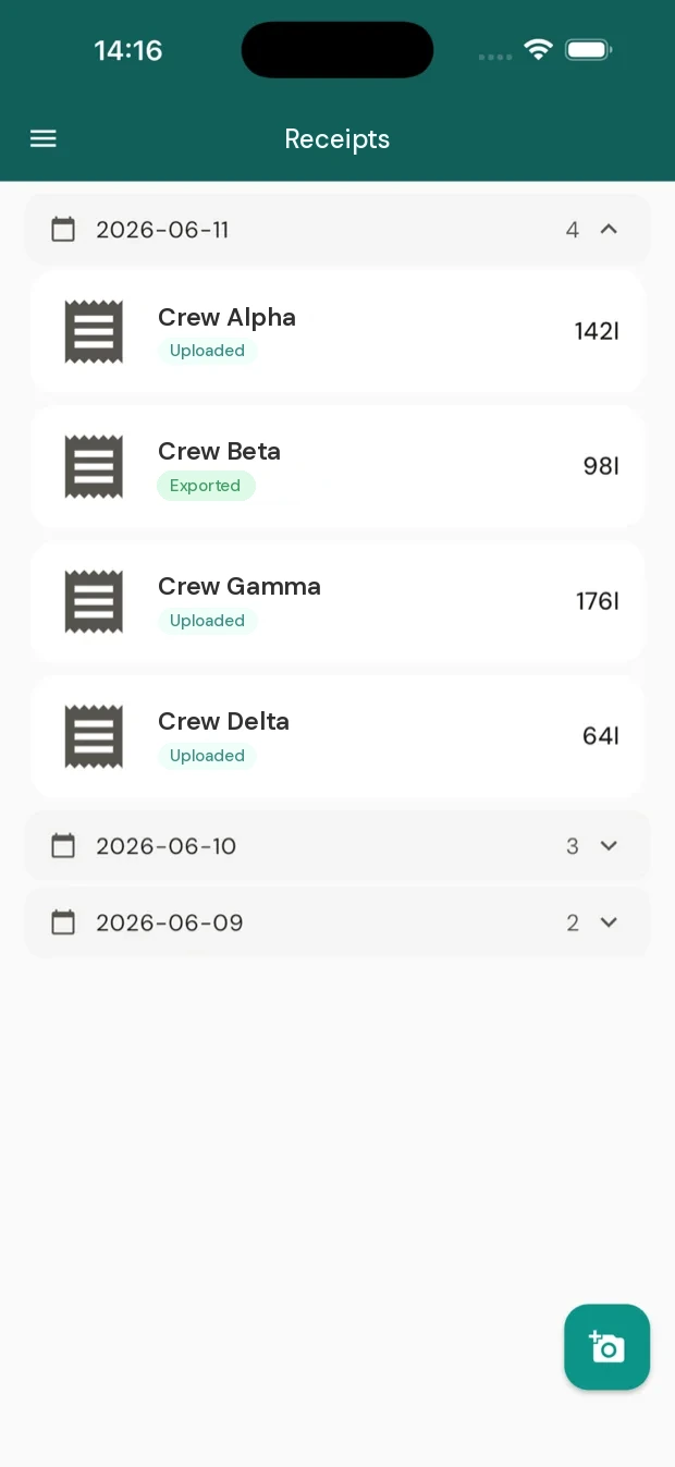 WTMS app screen: Crew time and expenses (2 of 2)
